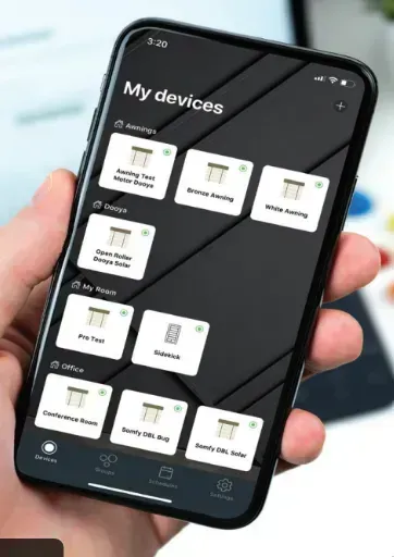 Smartphone app controlling a motorized awning via smart home technology