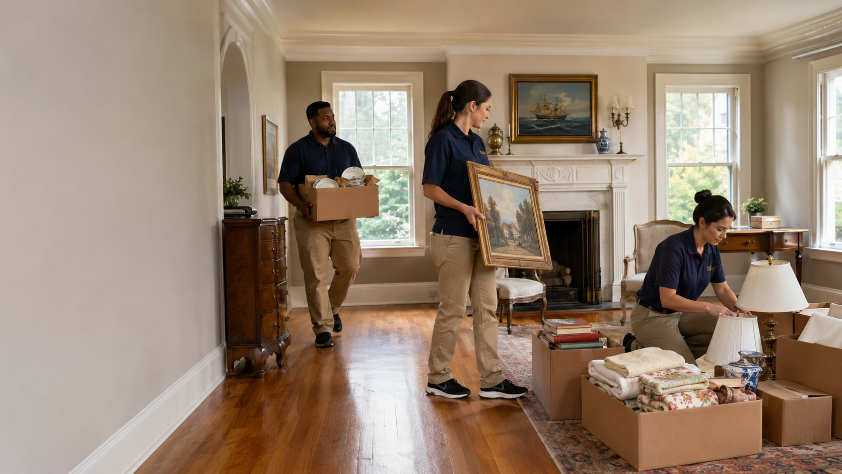 Boston estate cleanout donation workers sorting and carrying reusable household items inside a home.