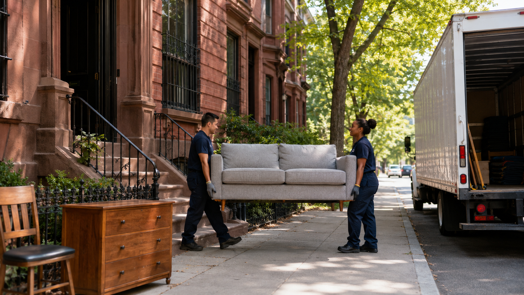 Boston donation pickup workers carrying a gently used sofa from a brownstone to a moving truck.