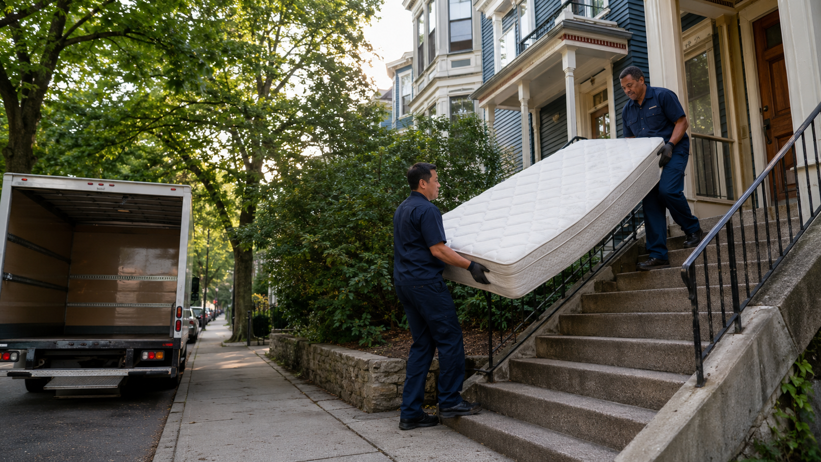 Boston donation pickup workers carrying a clean mattress down apartment steps toward a waiting moving truck.