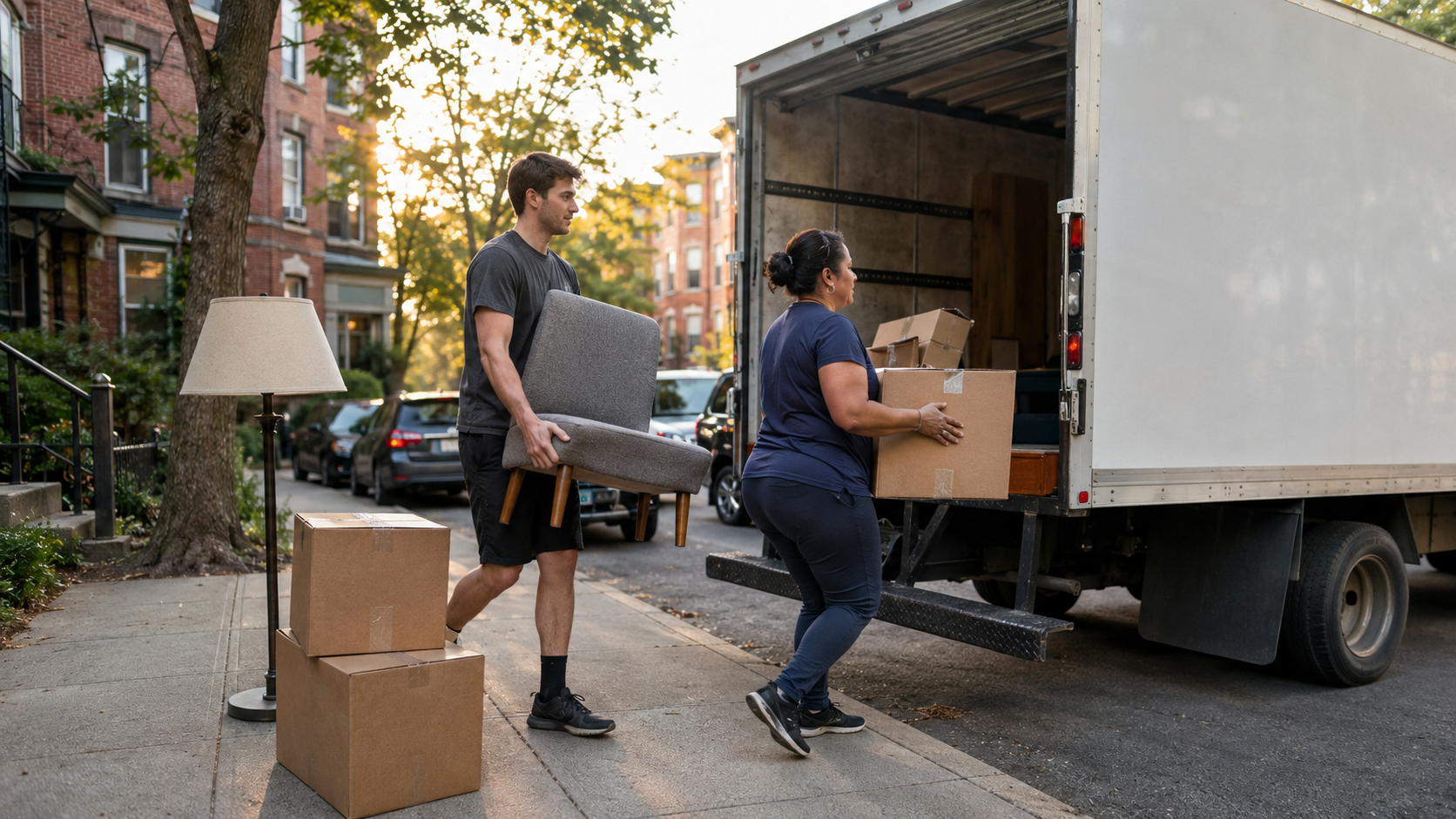 Boston same-day donation pickup workers loading a chair and moving boxes into a waiting truck.
