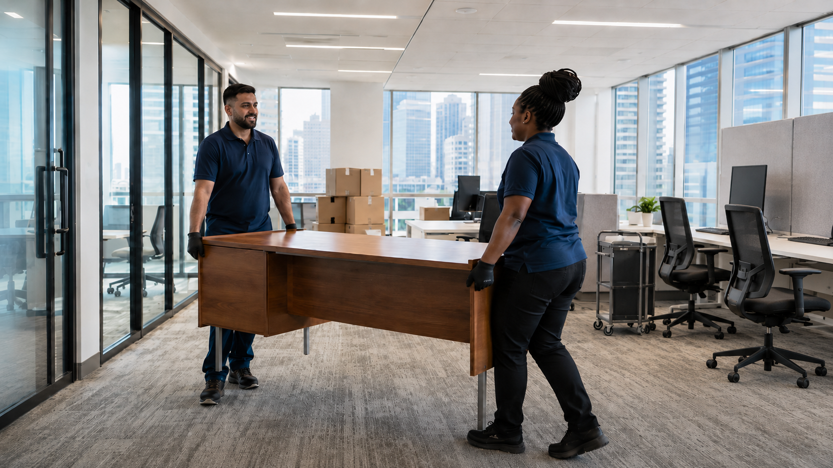 Boston office furniture donation pickup workers carrying a wooden desk through a modern office.