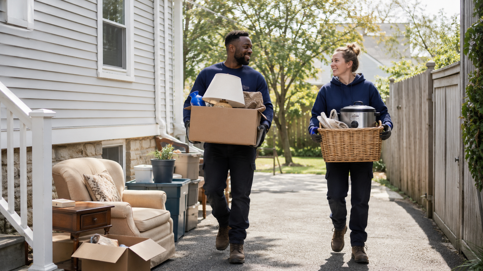 Boston junk removal donation workers carrying reusable household items during an organized home cleanout.