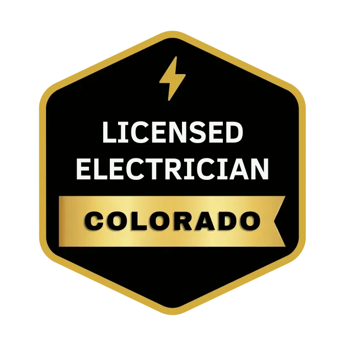 Badge icon reading “Licensed Colorado Electrician” highlighting Cu Solutions’ state licensed electrical experts.