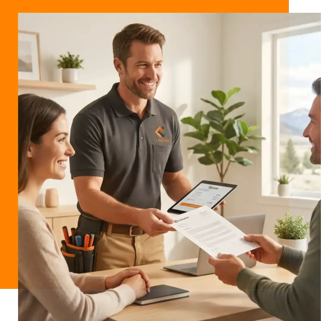 Cu Solutions technician handing a rebate eligibility document to a Colorado couple, representing completed income verification for the Colorado Home Energy Rebate Program