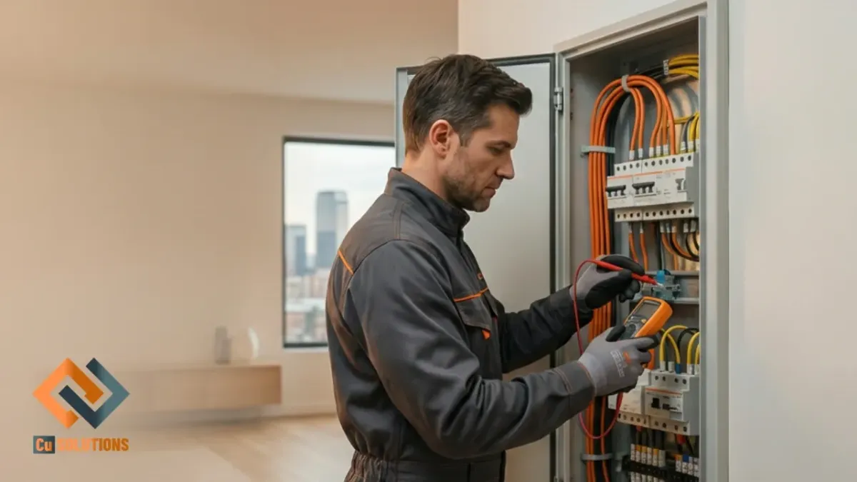 A professional Cu Solutions electrician in a charcoal and orange uniform performing a panel upgrade on a modern electrical board in a Denver home.