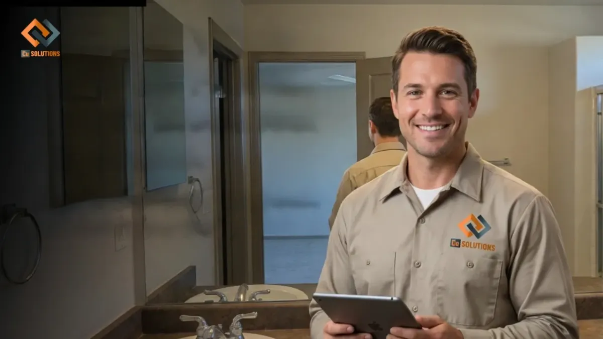 Cu Solutions technician in uniform smiling and holding a tablet in a Denver home while reviewing future ready electrical upgrades for Colorado home energy rebates