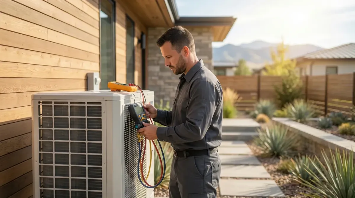A professional Cu Solutions electrician in a charcoal and orange uniform performing maintenance on a modern outdoor heat pump at a residential property in Denver.