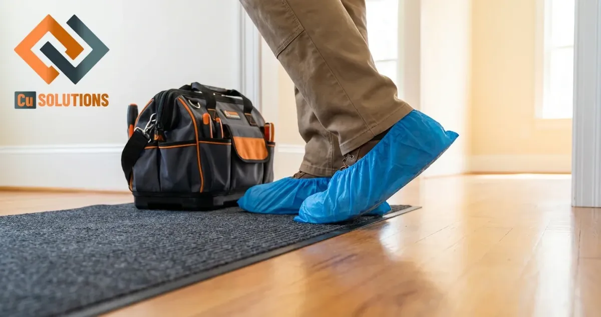 A professional Denver electrician from Cu Solutions wearing protective shoe covers while entering a home for a residential electrical service call.