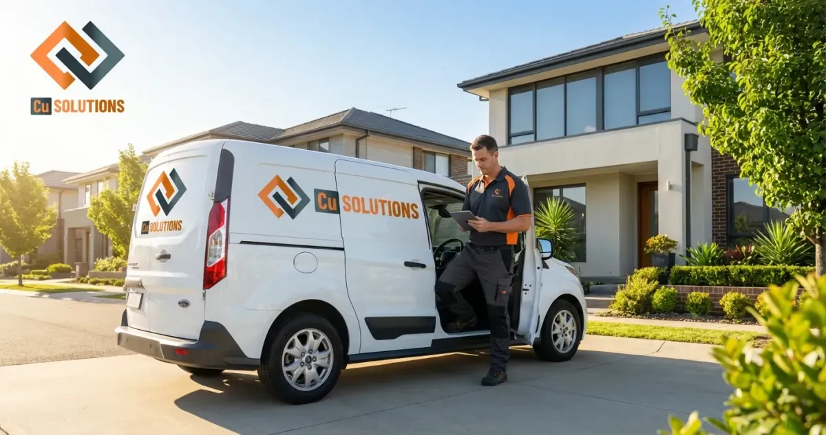 A professional electrician from Cu Solutions standing by a branded service van in a Denver residential neighborhood, ready to provide home electrical repairs and panel upgrades.