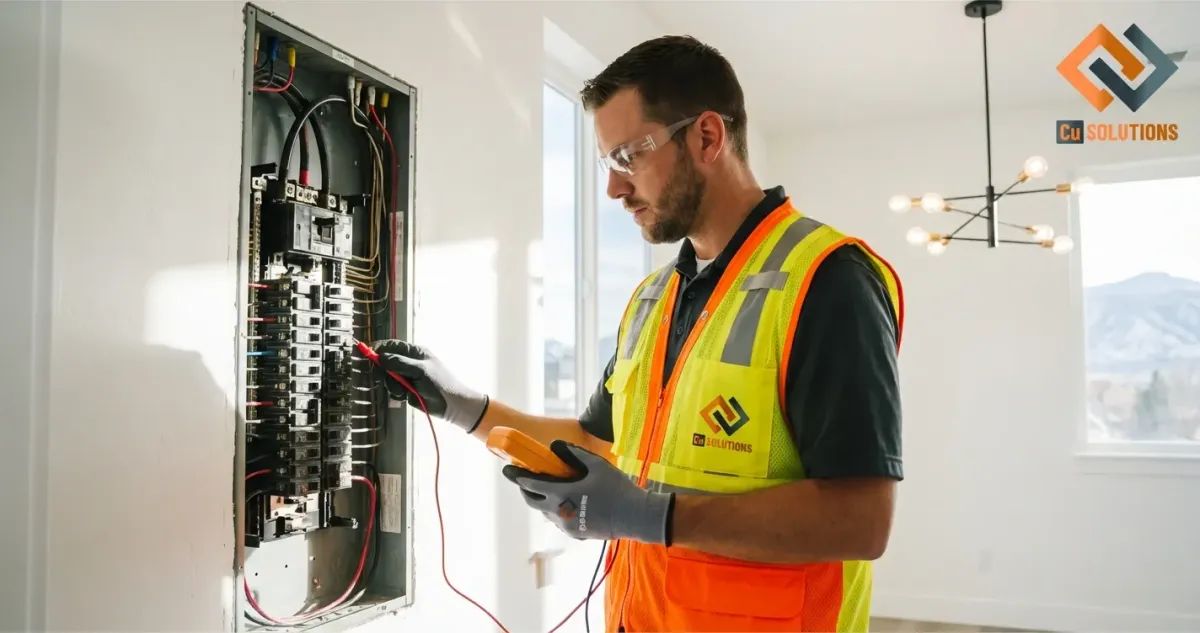 Professional electrician from Cu Solutions performing an electrical panel upgrade and safety inspection in a Denver residence.