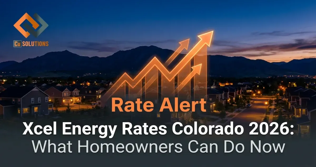 Cu Solutions blog cover regarding Xcel Energy rates in Colorado for 2026, featuring a Denver residential neighborhood at sunset with rising rate graphics and advice for local homeowners on energy-saving electrical upgrades.