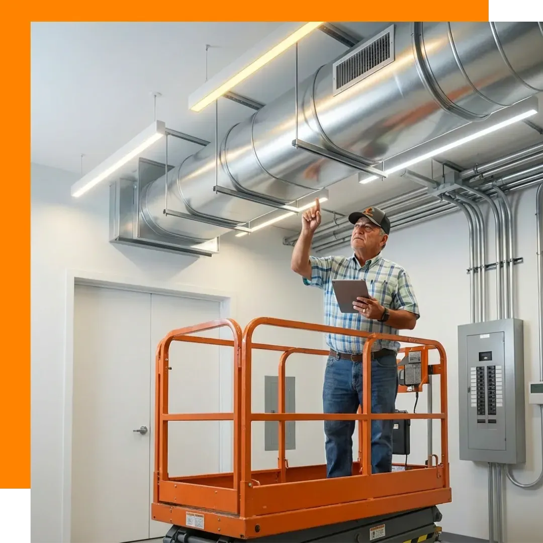 Expert ductwork inspection and air distribution services provided by Cu Solutions in a clean, modern utility room.