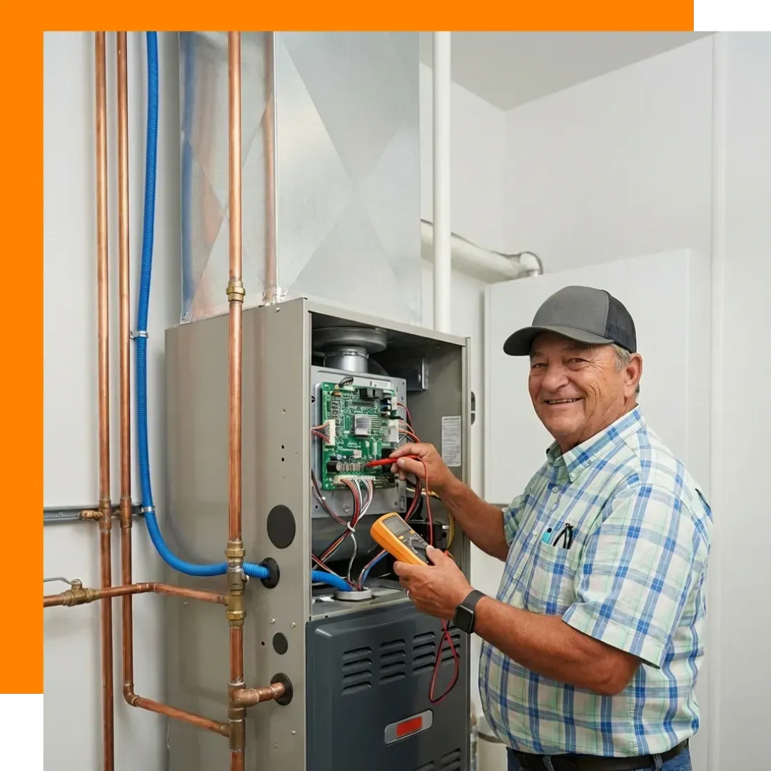 Cu Solutions professional performing a preventive HVAC maintenance check on a modern indoor furnace system.