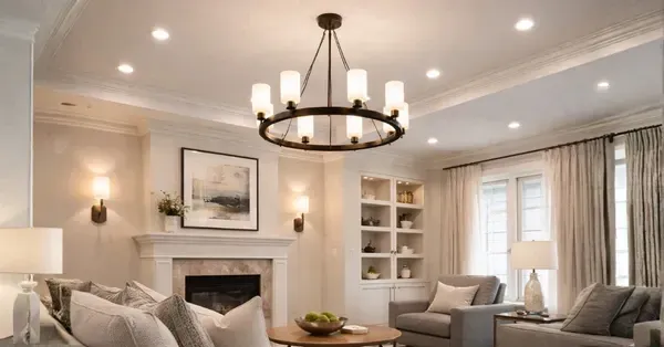 Finished living room in Denver, CO with recessed lighting, wall sconces, and a chandelier installed as part of Cu Solutions lighting design.