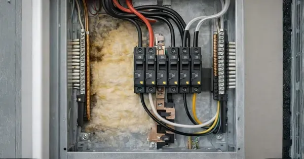 Damaged residential electrical panel with exposed wiring and insulation during an emergency repair in a Denver, CO home.