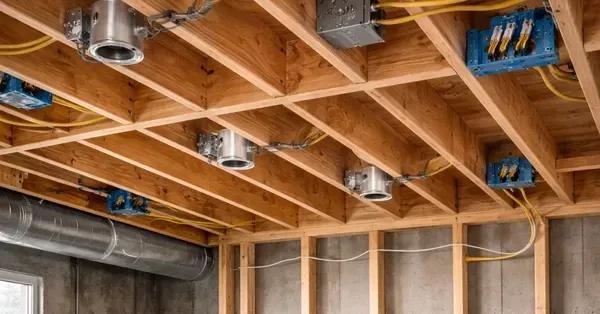 Basement wiring rough-in in a Denver, CO home showing recessed lighting cans, electrical boxes, and cable runs installed by Cu Solutions.