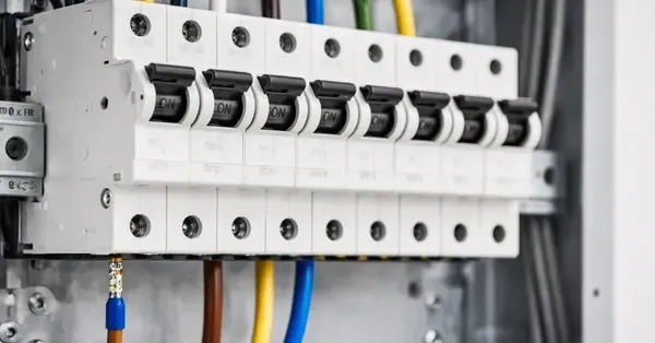 Close-up of new circuit breakers installed in a residential electrical panel during a breaker replacement in Denver, CO.