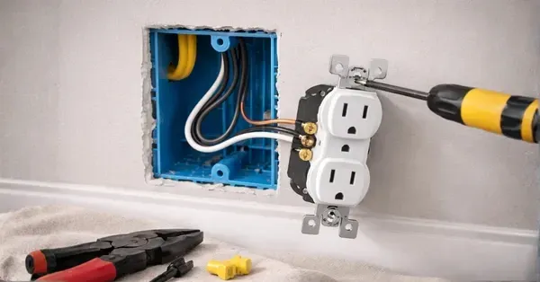 Electrician adding a new circuit and installing a duplex outlet in a finished wall for a Denver, CO homeowner.