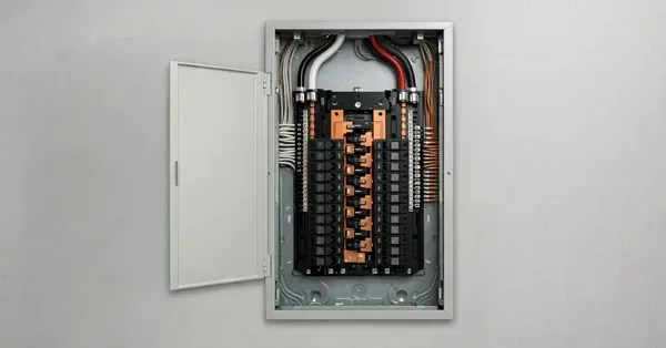 Upgraded main electrical panel with neatly organized breakers and wiring in a Denver, CO residence installed by Cu Solutions.
