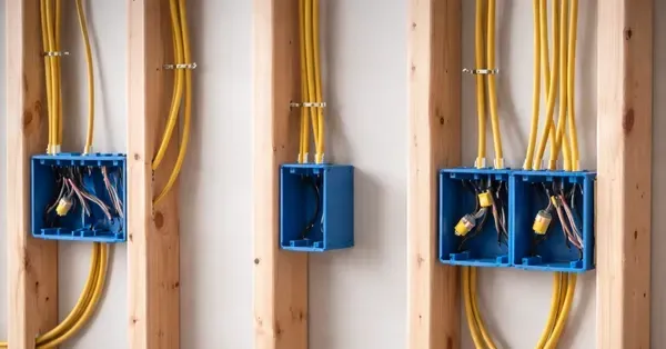 Whole home rewiring in a Denver, CO house with new yellow electrical cables and blue outlet boxes installed between wall studs by Cu Solutions.
