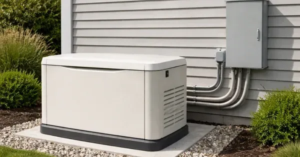 Standby backup generator installed outside a Denver, CO home with electrical conduit running to the service panel by Cu Solutions.