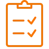 Orange outline clipboard with check marks icon highlighting reliable scheduling and responsive follow up from Cu Solutions for Denver electrical services.