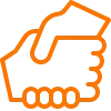 Orange outline handshake icon representing clear communication and transparent electrical pricing for Denver metro customers from Cu Solutions.