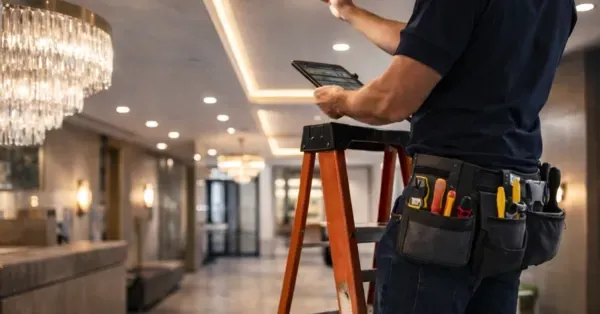 Commercial electrician on a ladder performing routine electrical and lighting maintenance on recessed ceiling lights in a high-end Denver, CO business interior, with chandeliers and premium finishes in the background.