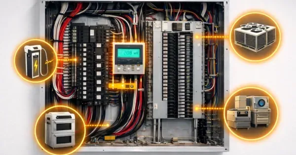 Open commercial electrical panel with digital power meter and highlighted circuits sized for new HVAC units, EV chargers, and kitchen equipment in a Denver, Colorado building serviced by Cu Solutions.