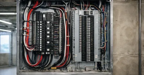 Open commercial electrical panel with neatly organized breakers and color-coded wiring in a Denver, Colorado building, representing Cu Solutions commercial panel upgrade service.