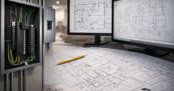 Electrical design for construction and retrofits in a Denver, CO commercial project, showing a modern electrical panel, detailed blueprints, and dual monitors displaying electrical schematics.