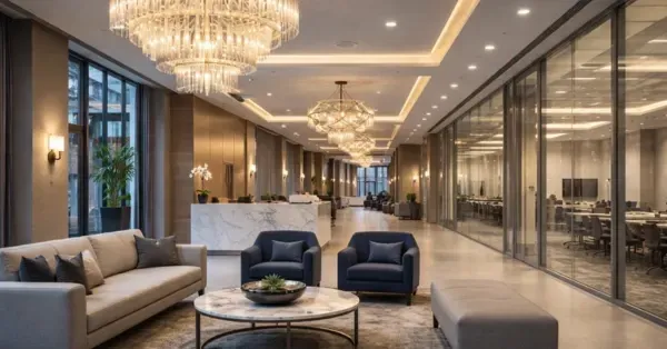 Modern office lobby in Denver, CO with upgraded LED recessed lighting and luxurious chandeliers installed as part of Cu Solutions interior lighting retrofit.