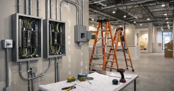 Electrical support for tenant build outs and remodels in a Denver, CO commercial space with open ceilings, new electrical panels, exposed conduits, ladders, and plans laid out on a work table.