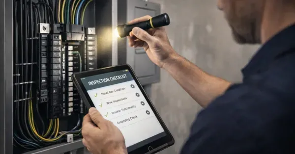 Electrician performing an electrical code inspection on a modern panel in Denver, CO, using a tablet checklist and flashlight to review wiring and breaker connections for Cu Solutions.