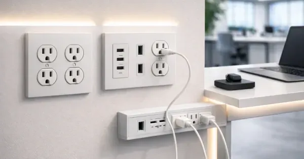 Premium white electrical outlets and USB ports providing new branch circuits and power for modern workspaces in a commercial Denver office, installed by Cu Solutions.