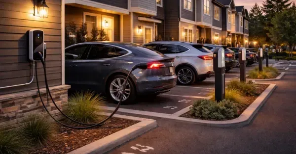 Shared parking area at a Denver, CO townhome and condo community with multiple EV chargers on posts and wall-mounted units, showing several electric vehicles plugged in at numbered spaces in a well-lit twilight setting.