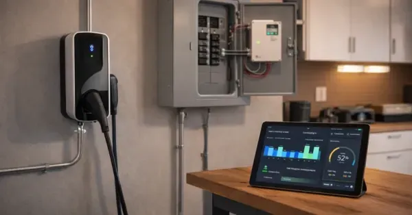 Smart home EV charger and load management setup in a modern Denver, CO garage, showing a wall-mounted Level 2 charger, open electrical panel with smart module, and tablet displaying an energy management app.