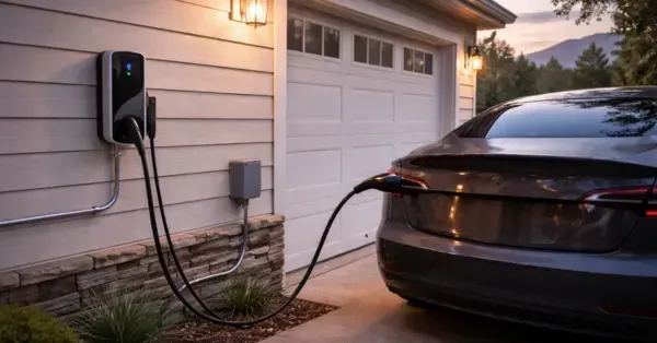 Outdoor EV charger installed on the exterior of a detached garage at a Denver, CO home, with an electric vehicle backed into the driveway and plugged into a weather-rated charger, conduit neatly run along the siding, and soft early morning light with trees in the background.