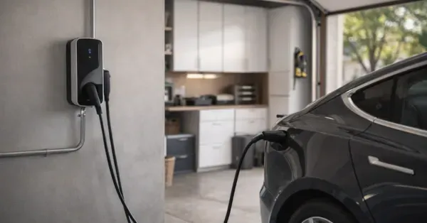 Home Level 2 EV charger installation in a clean Denver, CO garage with a late-model electric vehicle parked and plugged into a wall-mounted charger by Cu Solutions.