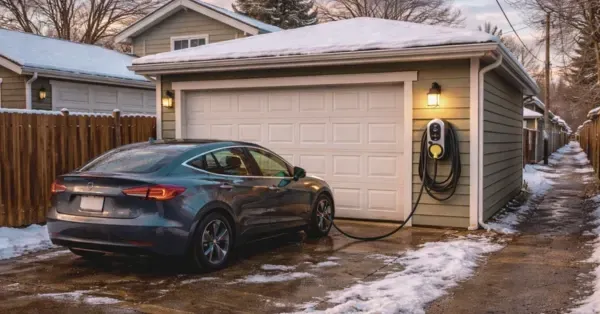 Dark gray electric sedan charging on a Level 2 EV charger mounted to a detached garage along a snowy alley in the Denver metro, representing Cu Solutions EV charger installation for homes in Denver, Lakewood, and Arvada.