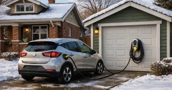 Silver electric vehicle charging on a Level 2 EV charger at an older Denver bungalow with a detached garage and light Colorado snow, installed by Cu Solutions.