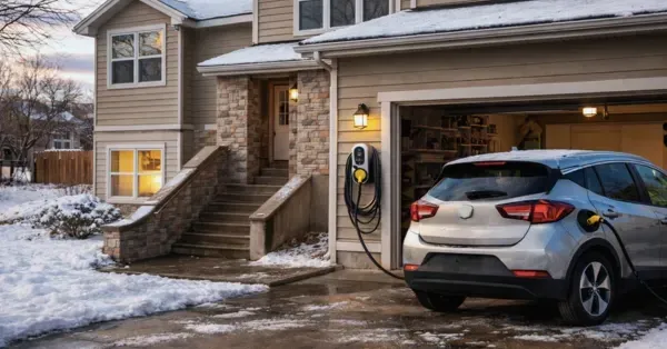 Silver electric vehicle charging on a Level 2 EV charger in the driveway of a suburban Denver home with an attached garage and light Colorado snow, installed by Cu Solutions.