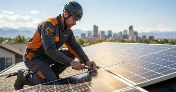 Solar installer working on rooftop solar panels with a city skyline in the background, representing Cu Solutions renewable and solar energy services in Denver Colorado.