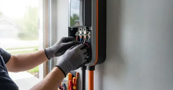 Electrician wiring a wall-mounted Level 2 EV charger inside a home, representing Cu Solutions EV charger installation services in Denver Colorado.