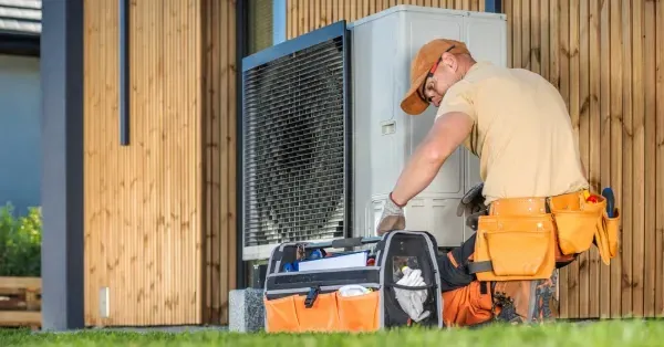 Technician servicing an outdoor HVAC unit at a modern home, representing Cu Solutions heating and cooling repair and maintenance services in Denver Colorado.