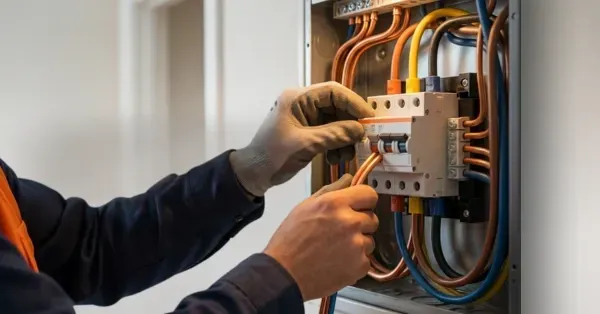 Electrician testing wiring and breakers inside a modern electrical panel, representing Cu Solutions residential and commercial electrical services in Denver Colorado.