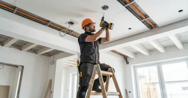 Contractor on a ladder installing fixtures in a partially finished ceiling, representing Cu Solutions home remodeling and basement finishing services in Denver Colorado.