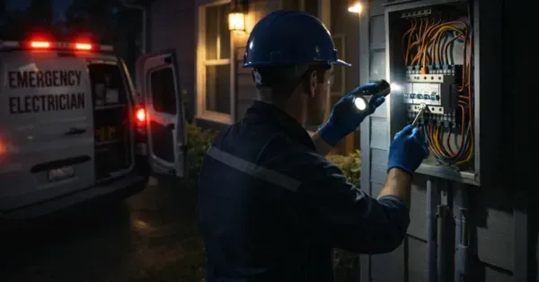 Emergency electrician responding at night to a Denver, CO home with service van and exterior lights on, representing Cu Solutions 24/7 emergency electrical and HVAC services.