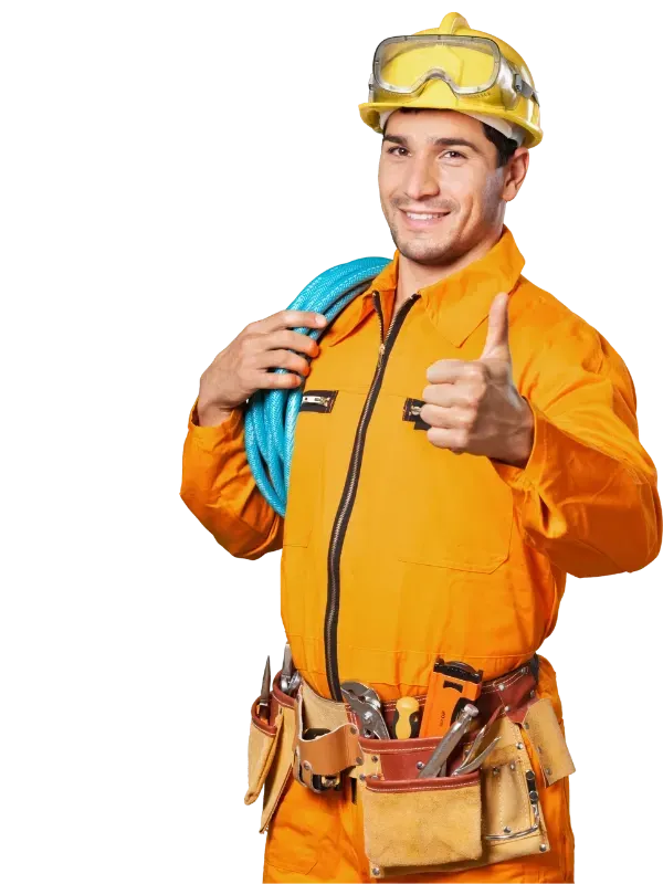 Smiling licensed electrician in orange safety uniform with hard hat, tool belt, and electrical cable giving a thumbs up for Cu Solutions home electrical services in the Denver metro area